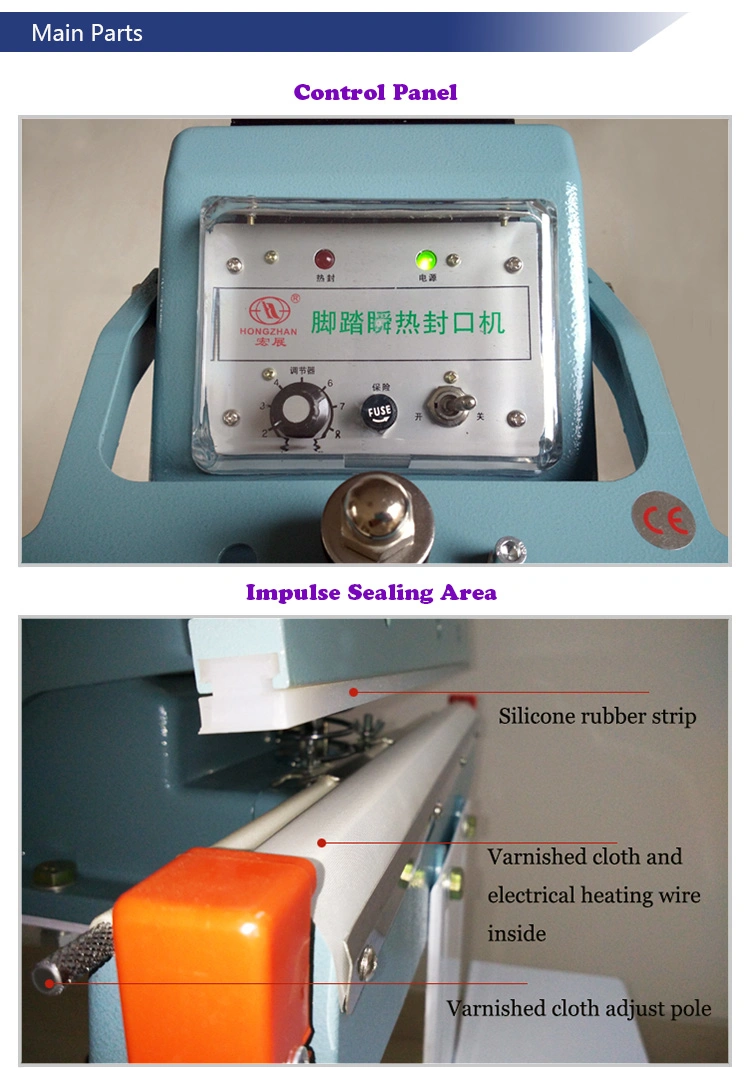 Manual Foot Pedal Sealing Machine Direct Heat Sealer for Bags and Films with Printer and Heating Blcoks